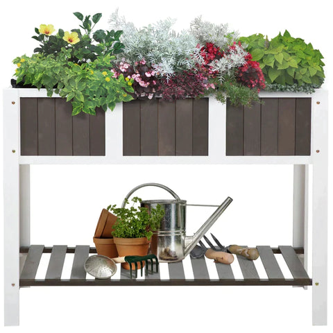 Rootz Raised Bed - Planting Table - Gardening Table - Wooden Garden Beds for Vegetables - Flowers Planters with Shelf - White/Grey - 119 x 57 x 89 cm