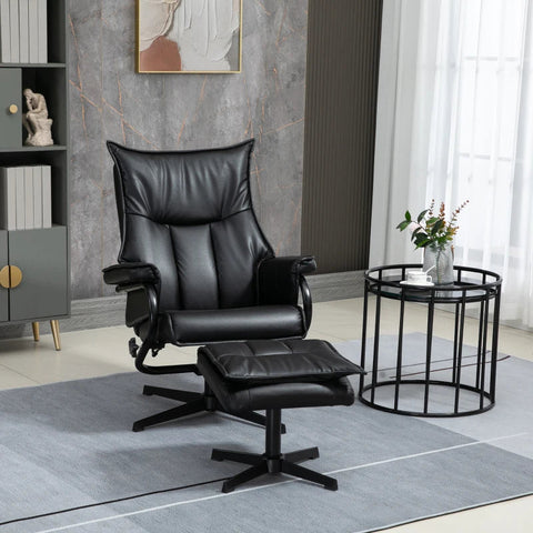 Rootz Recliner Chair With Stool - Swivel - Tilting Backrest - Steel Frame - Faux Leather - Black - 75cm x 84cm x 101cm