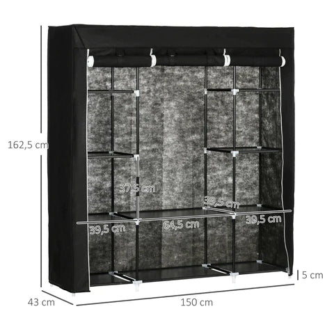 Rootz Wardrobe - Fabric Wardrobe Made Of Fleece - Folding Wardrobe - 1 Clothes Rail - 9 Shelves - Black - 150 cm x 43 cm x 162.5 cm
