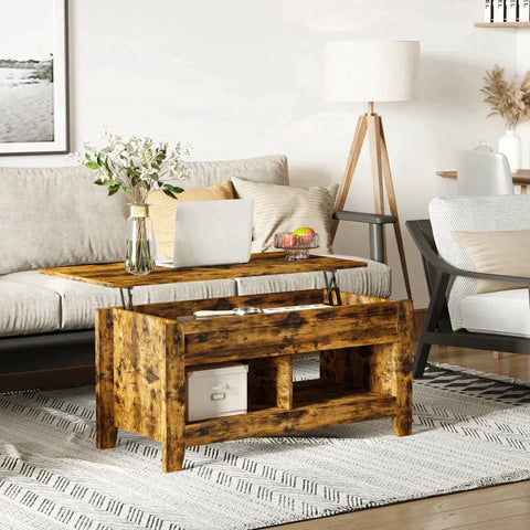 Rootz salontafel - in hoogte verstelbare salontafel - bijzettafel - met opbergruimte - opklapbare salontafel - voor woonkamer - spaanplaat - rustiek bruin - 105 x 50 x 49 cm
