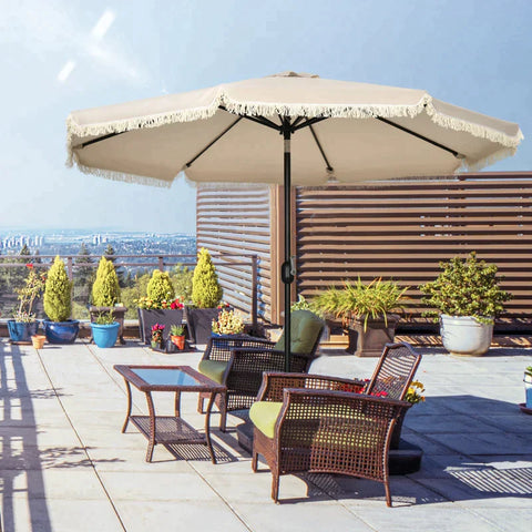 Rootz Parasol - Patio Umbrella - With Fringes - Tiltable - With Hand Crank - Steel + Polyester - Khaki - Ø268 x 232 cm