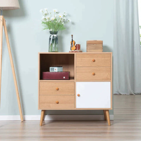 Rootz Sideboard - Free-standing Cabinet - Scandi Style Wardrobe - 4 Drawers And 2 Shelves - Kitchen - Bedroom - Living Room - Entryway - Natural + White - 80cm x 39cm x 80cm