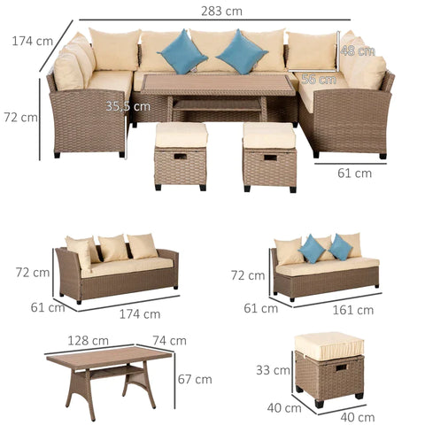 Rootz Sofa Set - 3 Zits Bank Met Armleuning - Salontafel - Krukken - Zitkussens - Zitgroep Gemaakt Van PE Rotan - Bruin - 174cm x 61cm x 72cm