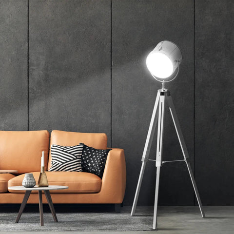 Rootz Stehlampe – Industriedesign – Stativ-Fußschalter – Kiefernholz – Natur + Weiß – 63 L x 63 B x 140 H cm