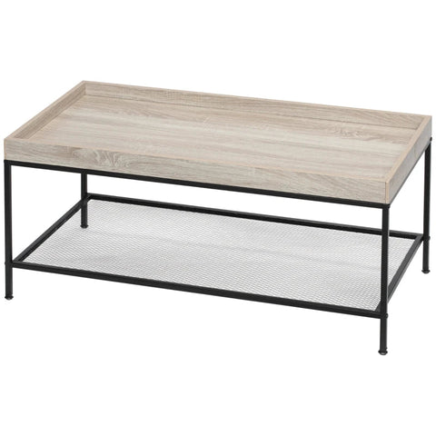Rootz salontafel - bijzettafel - met roosterblad - verhoogde tafelrand - stalen frame - houten blad - MDF/staal - natuurlijk hout - 100 x 50 x 46,5 cm