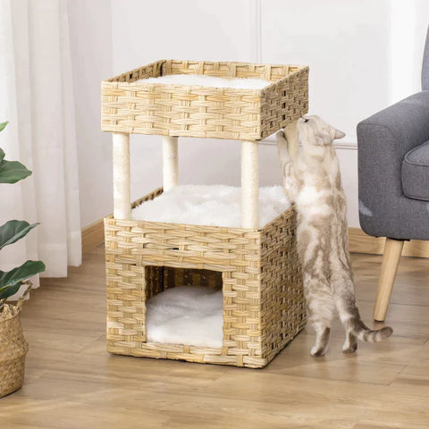 Rootz Cat Cave - Cat Basket With Scratching Post - 3-story Cat Bed - Cat Tower With 3 Cushions - Sun Roof - Sisal - Natural - 40 x 40 x 70 cm