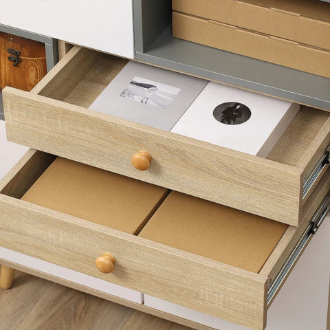 Rootz Sideboard - Sideboard Storage Cabinet - Sideboard In Scandi Design - 2 Drawers - 2 Shelves - 3 Cabinets - White + Natural + Grey - 80 cm x 40 cm x 95.6 cm