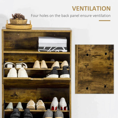 Rootz Shoe Cabinet In Industrial Design - 12 Pairs Of Shoes - 2 Tilting Compartments And 4 Shelves - Adjustable Divider & Open Compartment - Brown - 60 cm x 24 cm x 102 cm