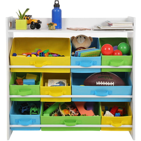 Rootz´s Spielzeug-Organizer mit 9 herausnehmbaren Behältern aus Vliesstoff – Stauraum – Bücherregal – Aufbewahrungsschrank – Spielzeug-Organizer – Spielzeugschrank – Holzrahmen – MDF – Weiß