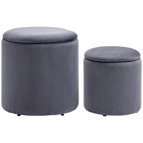 Rootz Stool Ottoman - Set Of Two - With Storage Space - Soft Padding - Cover In Corduroy Look - Grey - 40 x 40 x 41cm