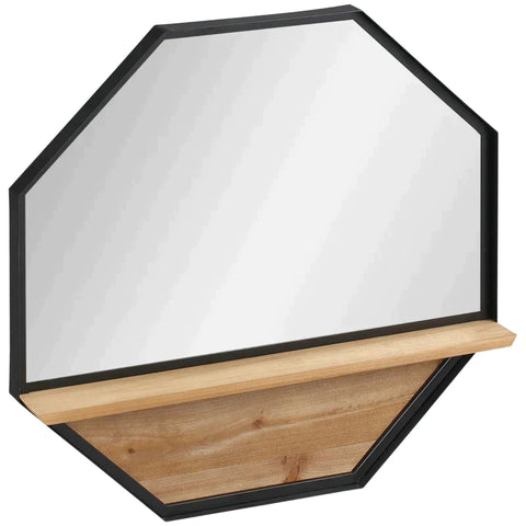 Rootz Wall Mirror - Wall Mirror With Shelf - Industrial Design - Fir Wood - Metal - Black + Nature - 61L x 8.4W x 61H cm