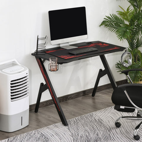 Rootz Dermopolis Desk - Gaming Desk - Game - Cup Holder - Anti-Slip Headphone Holder - Controller Holder - Cable Management - Black - Red - MDF