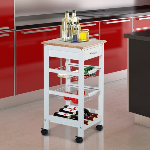 Rootz Kitchen trolley - Kitchen trolley - Serving trolley - Drawer - 2 Baskets - Wine rack - 4 Levels - Metal - White - Brown - 37.5 x 37.5 x 76.5 cm