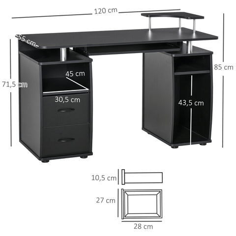 Rootz Schreibtisch – Computertisch – Schreibtisch mit Schubladen – Stauraum – Stahl – Schwarz – 120 x 55 x 85 cm