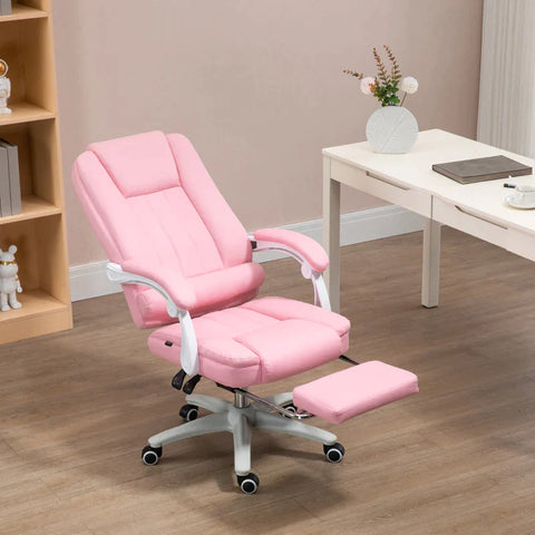 Rootz Office Chair with Footrest - Adjustable Backrest - Height Adjustable - 5 Wheels - Faux Leather - Pink + White - 65cm x 68cm x 116cm
