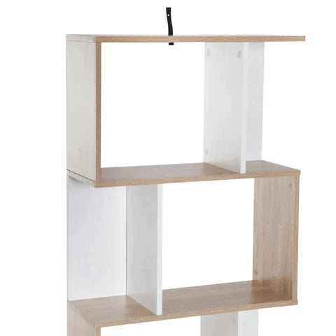 Rootz Bookshelf - Four-Tier S-shaped bookshelf - White & Oak Tone - 60W x 24D x 148H cm