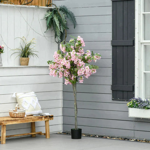 Rootz Artificial Plants - Artificial Sophora Plant - Flower Tree - Cotton-like Pleasure Ring - PE - Cement - Home - Office - Outdoor - Pink + Black - 17cm x 17cm x 150cm