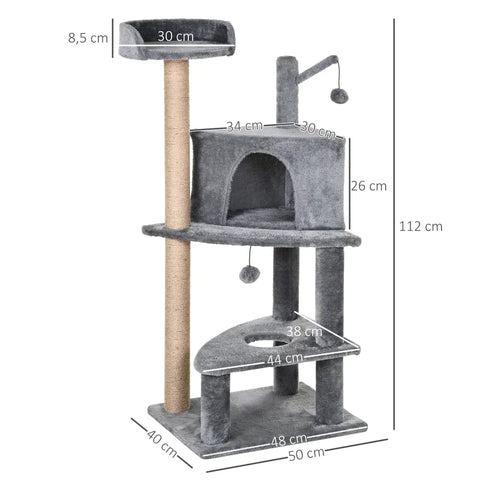 Rootz Cat Tree - Scratching Post With Play Balls - Cat House - Jute Column - Grey - L50x W40 x H112 cm
