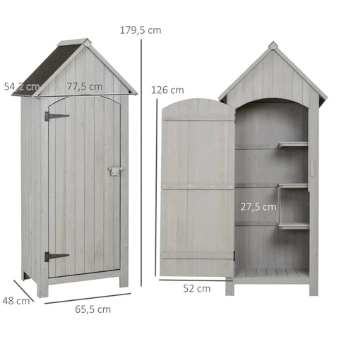 Rootz Garden Cabinet - Wooden Garden Cabinet - Tool Shed - Garden Shed - Tool Cabinet - Wooden Hut - Gable Roof - Grey - 77.5 x 54.2 x 179.5 cm