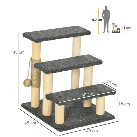 Rootz Scratching Post - Cat Tree - 3-layer Kitty Ladder - Cat Climbing Toy - Cat Tower - With Ball Toy - Grey - 45 x 40 x 48cm