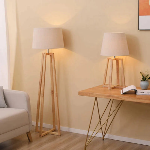 Rootz Floor Lamp - Table Lamp - Bedside Lamp - Desk Lamp - Set Of 2 Wooden Floor Lamp - Canvas Fabric - Bedroom - Living Room - White + Nature - 44 cm x 44 cm x 149 cm