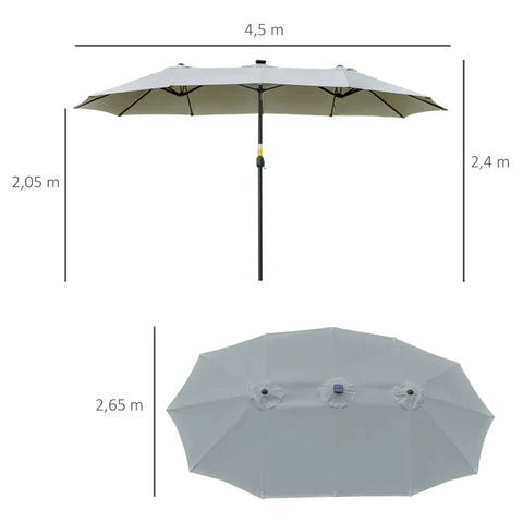 Rootz Double Sided Umbrella - Umbrella - Market Umbrella - Garden Umbrella - Garden Parasol - Parasol - With LED - Light Gray/Black - 4.5L x 2.65W x 2.4H m