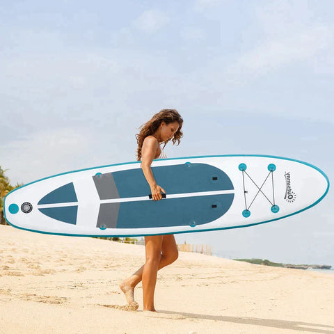 Rootz Surfplank - Opblaasbare Surfplank - Stand Up Board Met Paddle - Surfplank Met Verstelbare Paddle - Kajakstoel - Opvouwbaar - EVA - Antislip - Wit + Blauw - 320L x 76B x 15H cm