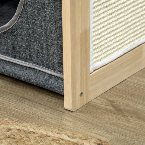 Rootz Cat House - Cat Cave - 2 Tier Cat Cave - 1 Cushion - 1 Scratch Pad - Dark Gray/Natural - 40cm x 40cm x 40.5cm