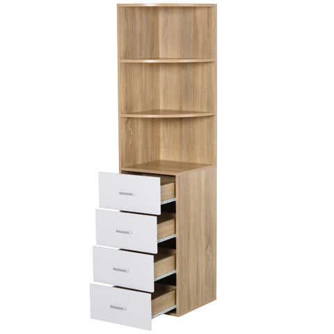 Rootz Bookcase - 3 Levels - 4 Drawers - Processed Wood - Melamine - 40 x 40 x 170 cm - Natural - White