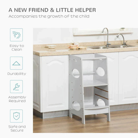 Rootz Kids Opstapkruk - Kids Learning Tower - Opstapkruk - Kruk Staand - Met 3 Treden - Grijs - 40 x 50 x 90 cm