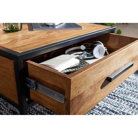 Rootz Industriële Salontafel - Bijzettafel - Massief Hout - Bruin - Luxe Retro Vintage Glazen Salontafel Met Opbergruimte - 65 x 38 x 65 cm