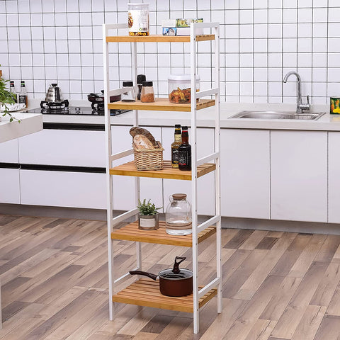 Rootz Shelving Unit - Storage Rack - Kitchen Cabinet - Bamboo - White - Beige - 5 Levels - 45 x 31.5 x 142 cm