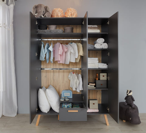 Rootz Baby Room Wardrobe - Cabinet - Closet - Storage - Armoire - Cupboard - Dresser - Grey - 130 x 190 x 60 cm