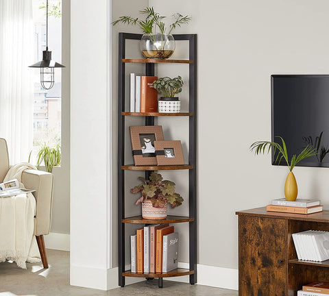 Rootz Corner Cabinet - Bookcase - Shelf - Metal - Processed Wood - Brown - Black - 30 x 30 x 150 cm