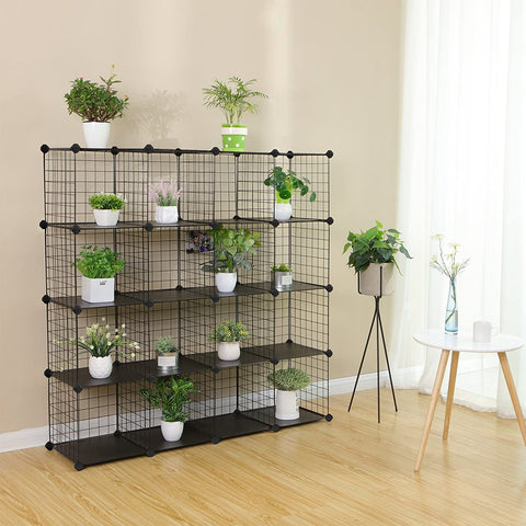 Rootz Storage Rack - Boltless - 16 Cubes - Shoe Rack - Wire - Metal - Organizer - Black - 123 x 31 x 123 cm