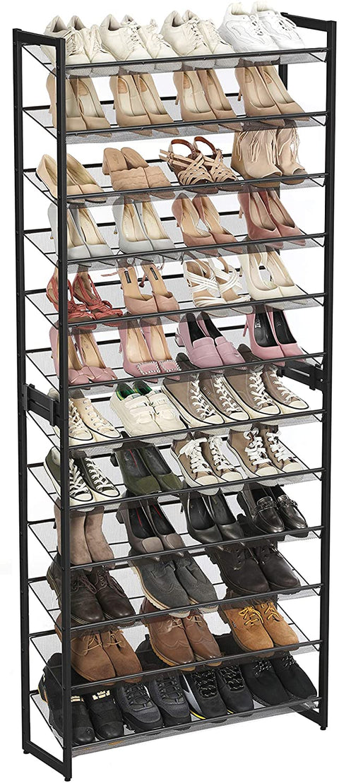 Rootz Shoe Rack - 12 Levels - 48-60 Pairs of Shoes - Metal - Adjustable Shelves - Black - 92.5 x 30.7 x 223 cm