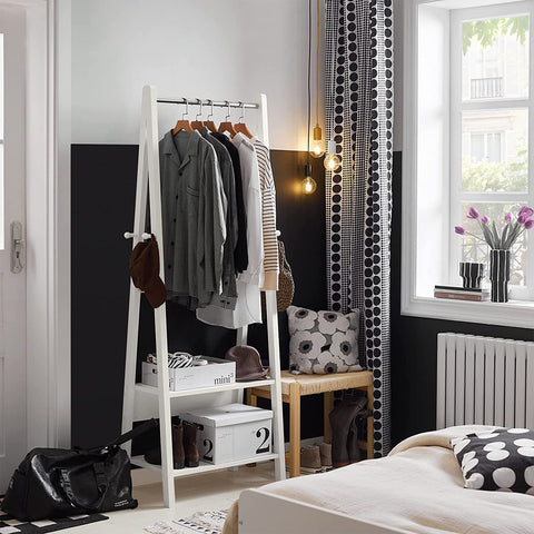 Rootz White Modern Clothes Rail Stand Rack with Two Storage Shelves - Wood Coat Rack Hanging Rail - W66 x D39 x H180cm