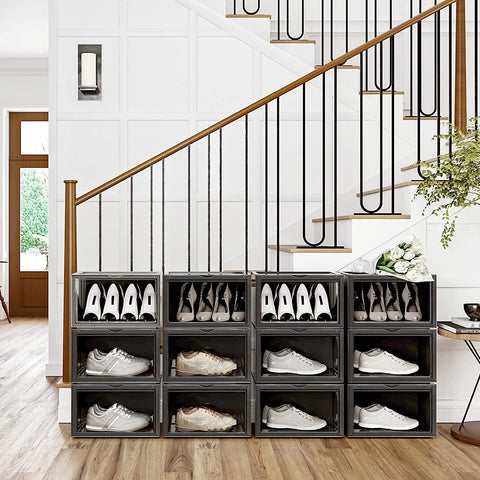 Rootz Shoe Box - Set of 6 - Stackable Shoe Organizer - Shoes up to size 46 - Black/Transparent - 36 x 28 x 22 cm