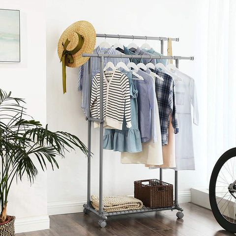 Rootz Clothes rack on wheels - Extendable coat rack with double rod - Mobile - Clothes racks - Max. load 70 kg - (87-150) x 52 x 166 cm - Grey