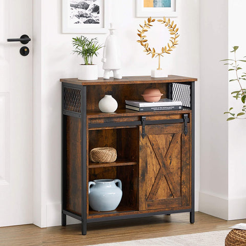 Rootz Sideboard - Storage Cabinet - Kitchen Cabinet - Sliding Door - Open Compartment - Adjustable Shelf - Industrial - Brown - Black - 70 x 30 x 80 cm