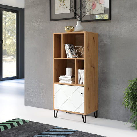 Rootz Living Room Shelving Unit - Display Stand - Storage Rack - Bookshelf - Decor Holder - Organizer Tower - Furniture Piece - Artisan Oak/White - 63 x 136 x 40 cm
