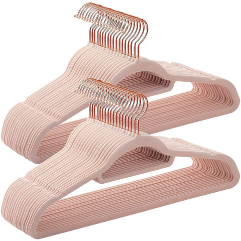 Rootz Clothes Hangers - 50 Pieces - Velvet - Anti-Slip - Space Saving - Pink - Gold - 45 x 0.6 x 23.5 cm