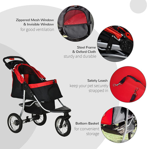 Rootz Pet Buggy - Hondenbuggy - Cat Buggy - Pet Stroller - Opvouwbare Dog Cat Buggy - Rood/Zwart - 109,5 x 54,5 x 106,5 cm