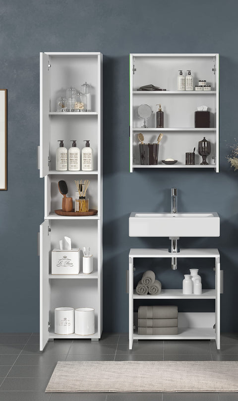 Rootz Mirror Cabinet - Reflective Storage - Wall Unit - Bathroom Organizer - Vanity Holder - Glossy Case - White High Gloss Finish - 60x78x18 cm