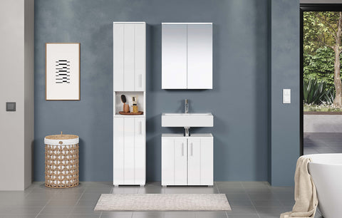 Rootz Mirror Cabinet - Reflective Storage - Wall Unit - Bathroom Organizer - Vanity Holder - Glossy Case - White High Gloss Finish - 60x78x18 cm