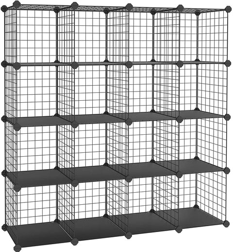 Rootz Storage Rack - Boltless - 16 Cubes - Shoe Rack - Wire - Metal - Organizer - Black - 123 x 31 x 123 cm
