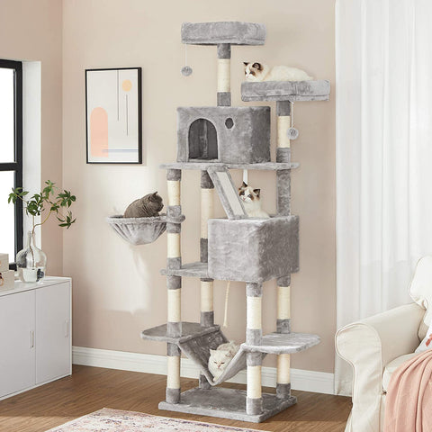 Rootz Scratching Post - Cat Tree - Cat Caves - Hammock - Gray - Beige - Hammock - 7 Levels - 60 x 50 x 206 cm