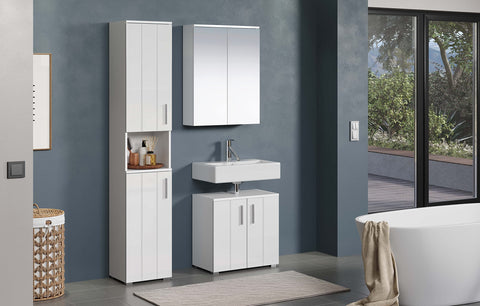 Rootz Mirror Cabinet - Reflective Storage - Wall Unit - Bathroom Organizer - Vanity Holder - Glossy Case - White High Gloss Finish - 60x78x18 cm