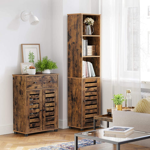 Rootz Storage Cabinet - Bathroom Cabinet - High Cabinet - 3 Open Compartments - Hinged Door - Adjustable Shelves - Industrial - Brown - Processed Wood - 40 x 30 x 167 cm