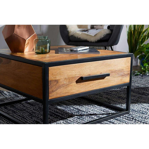 Rootz Industriële Salontafel - Bijzettafel - Massief Hout - Bruin - Luxe Retro Vintage Glazen Salontafel Met Opbergruimte - 65 x 38 x 65 cm